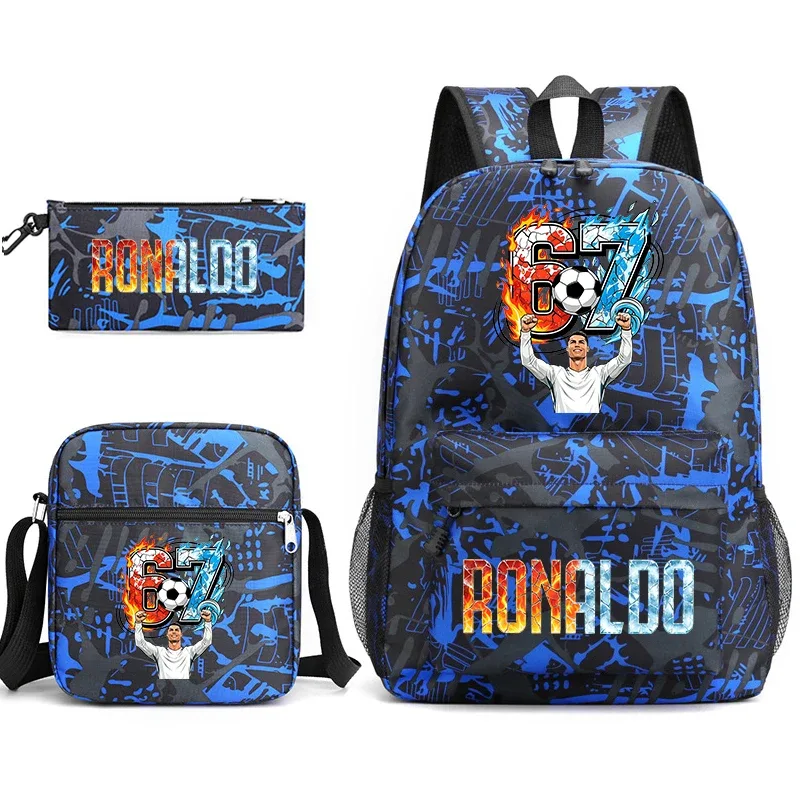 ensemble de sac à dos d'école imprimé cr7 ronaldo 67 avec sac à bandoulière et trousse à crayons pour adolescents et enfants, sac à dos léger