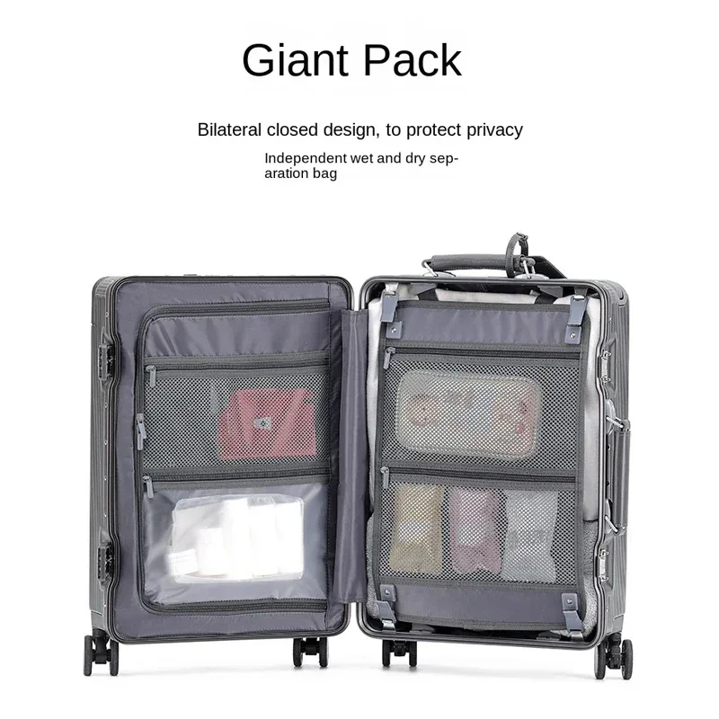 valise de voyage à roulettes large avec cadre en aluminium, bagage à main avec porte-gobelet, boîte d'embarquement, 24 po, 26 po, 20 po