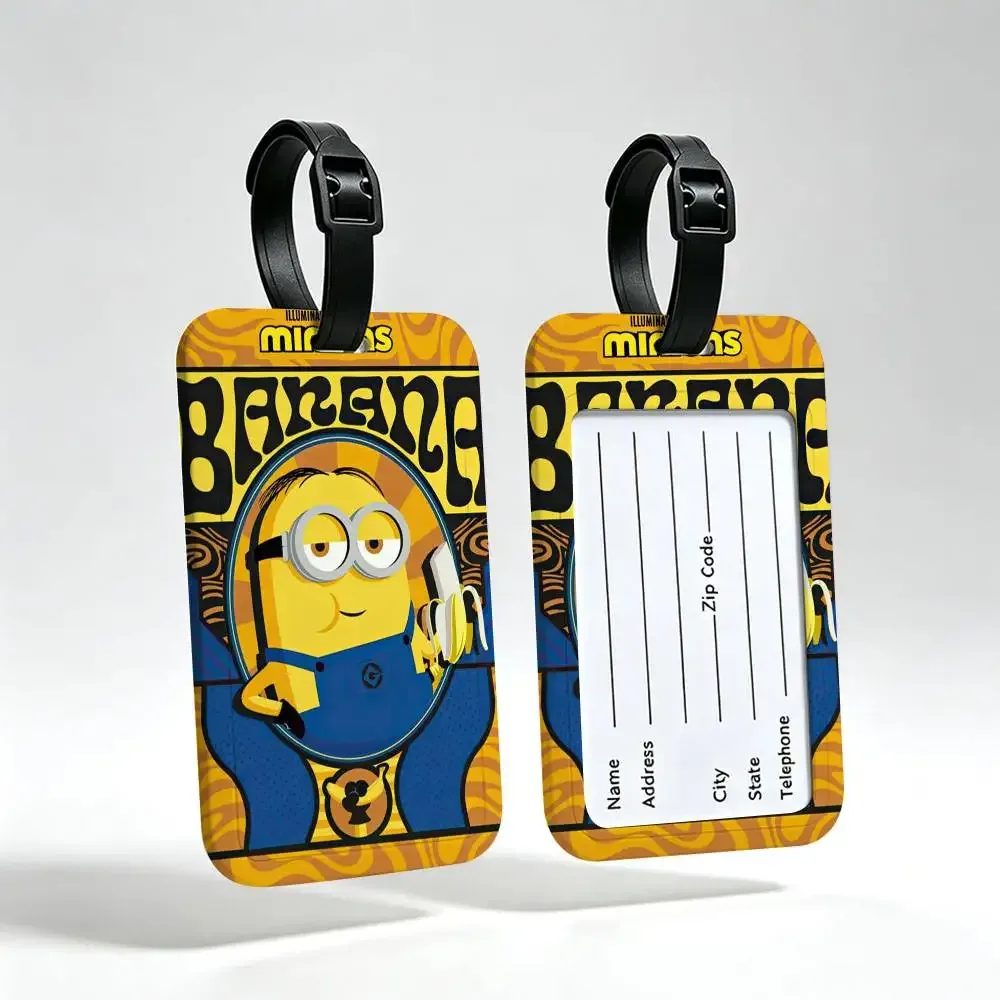 étiquette de bagage de voyage m-minions amusante et mignonne, couverture de carte d'information en pvc, marqueur de nom anti-perte pour sac à dos.