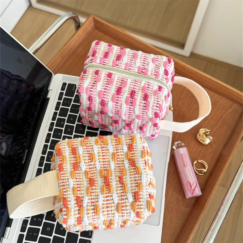 sac à main tissé rayé pour fille, petit sac cosmétique portable, sac de rangement de voyage, sac intérieur color-block pour sac de voyage