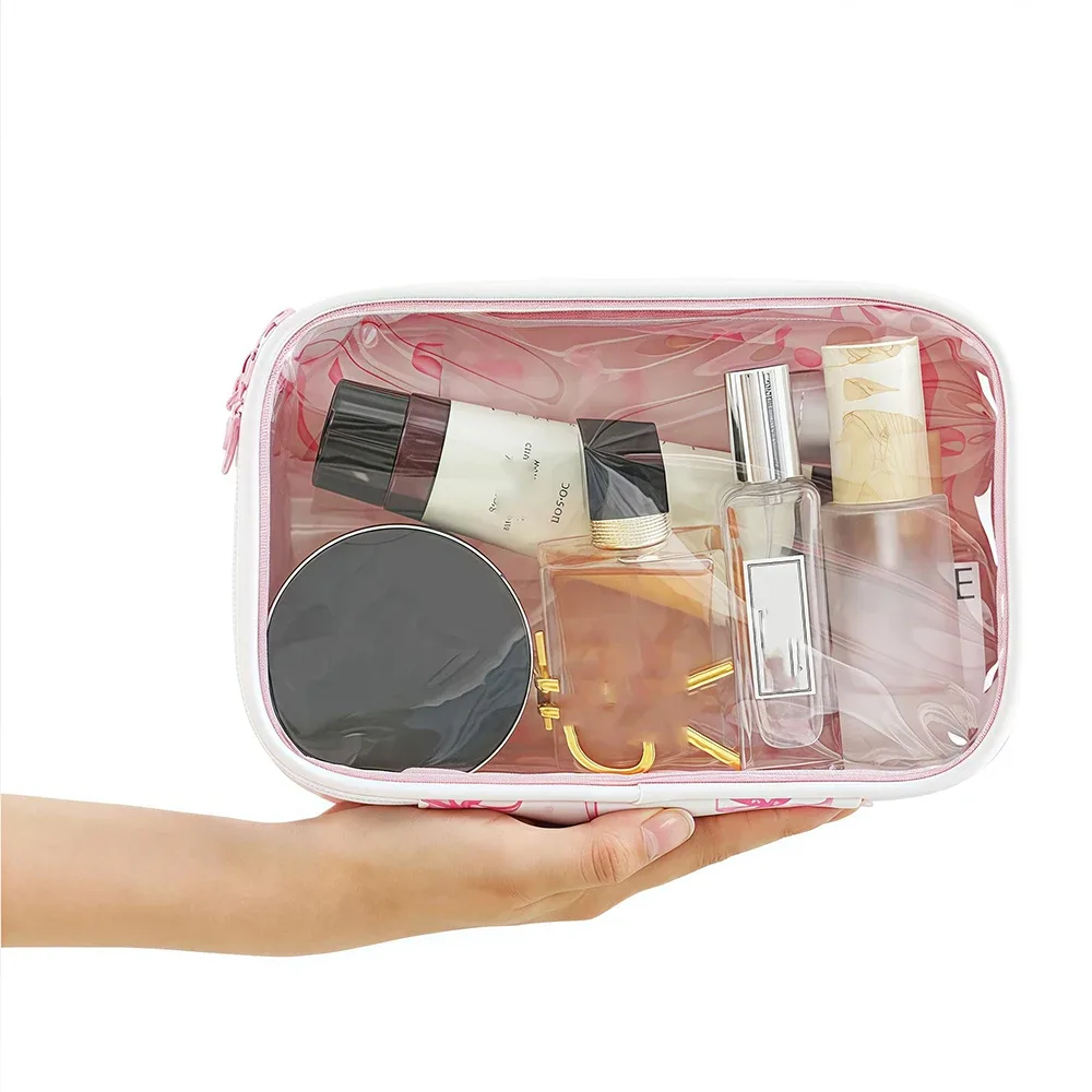 pochette de toilette transparente en pvc avec imprimé nœud, grande capacité, étanche, portable, pour voyage, organiseur de maquillage mignon pour femmes