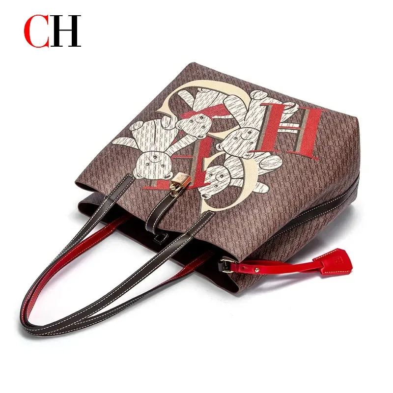 sac fourre-tout pour femme ch, grande capacité, sac à main imprimé ours de dessin animé, sac à bandoulière en cuir pu, sac de shopping décontracté et tendance, sac à main pour femme