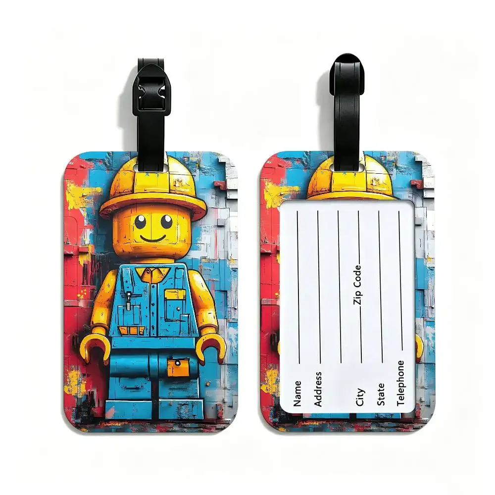 étiquette de valise en pvc anti-perte l-legos avec carte d'information, motif de dessins animés représentant diverses professions, identifiant de bagages léger pour les voyages quotidiens.
