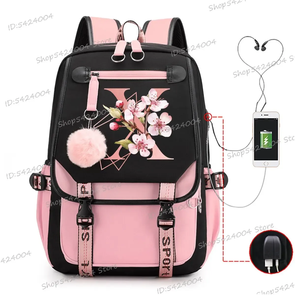 collège étudiants sacs d'école rose sakura lettres r mode voyage sac à dos adolescentes noir rose cartable a-z dessin animé cartable
