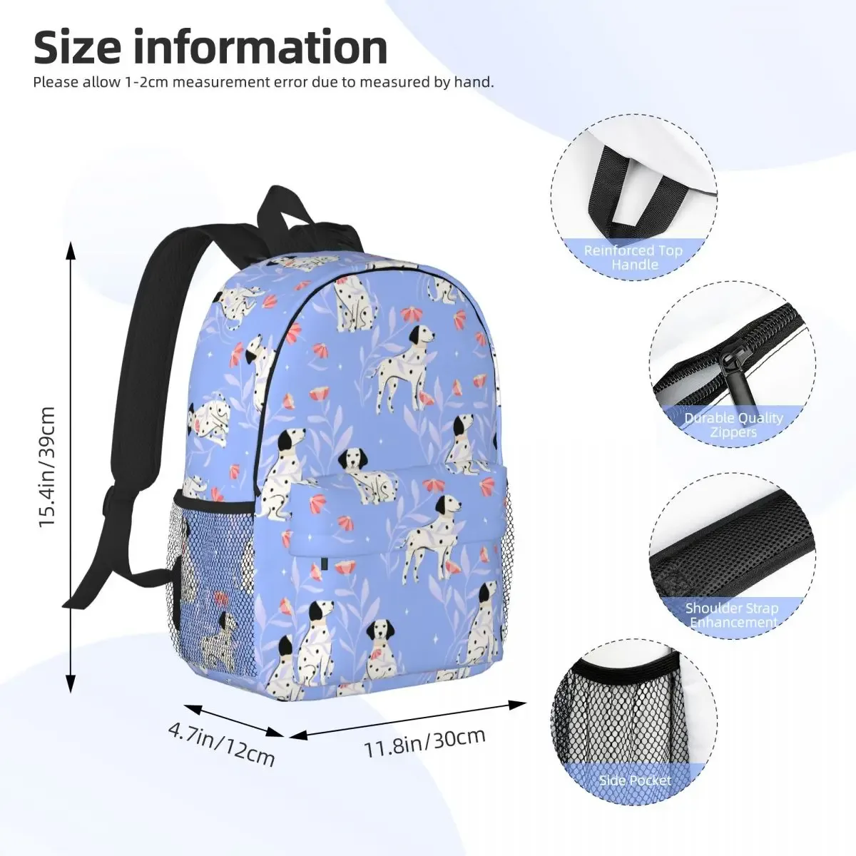 Sac à dos avec motif de chien dalmatien et de fleurs, sac à dos de grande capacité pour garçons et filles, sac à bandoulière pour enfants, sac d'école