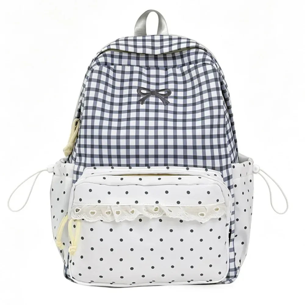 sac à dos tendance à pois, avec nœud, minimaliste, léger, grande capacité, bordure en dentelle, idéal pour les trajets quotidiens.