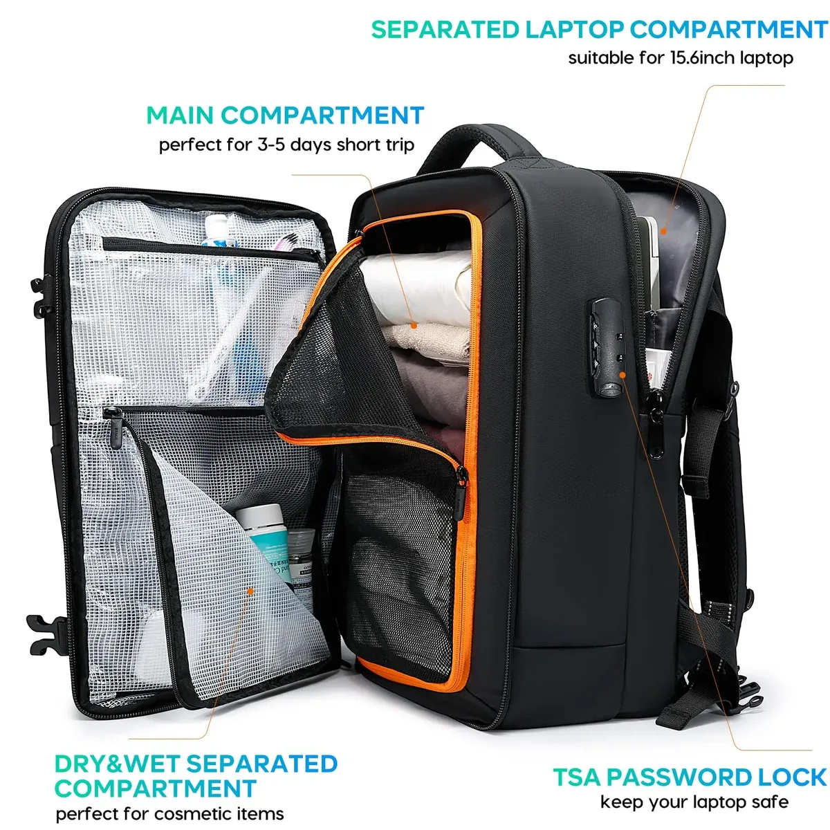 bange sac de cabine antivol séparation humide et sèche sac à dos de voyage pour hommes femmes bagage à main 15.6 pouces sacs à dos d'ordinateur portable pour homme
