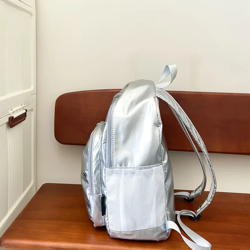 sac à dos en nylon argenté de grande capacité, cartable de voyage, observateur et étanche, pour femme