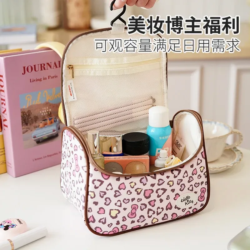 véritable trousse de maquillage hello kitty, trousse de maquillage kawaii à imprimé léopard, sac de rangement de grande capacité, sac de voyage portable.