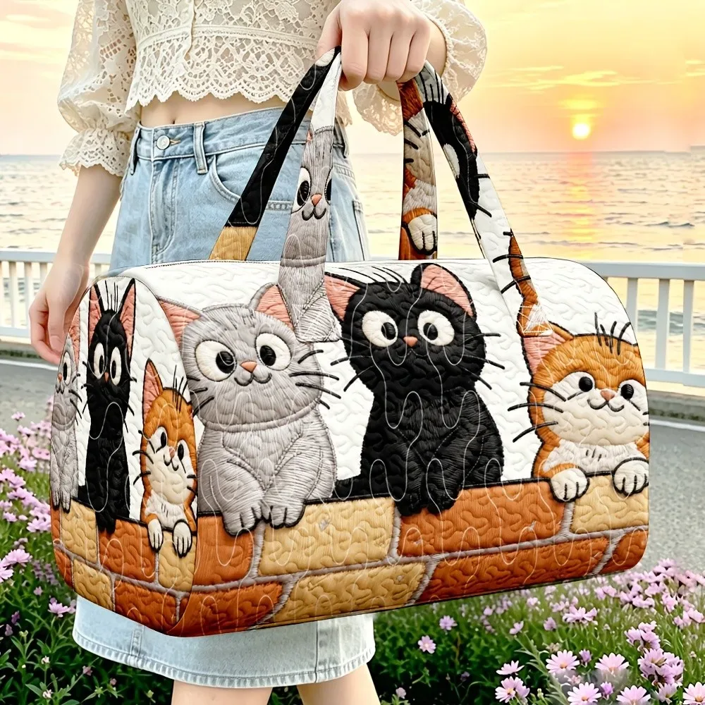 Sac de voyage matelassé motif chaton mignon pour femme, sac à main de week-end, sac de sport portable, bagage cabine pour court séjour, sac fourre-tout