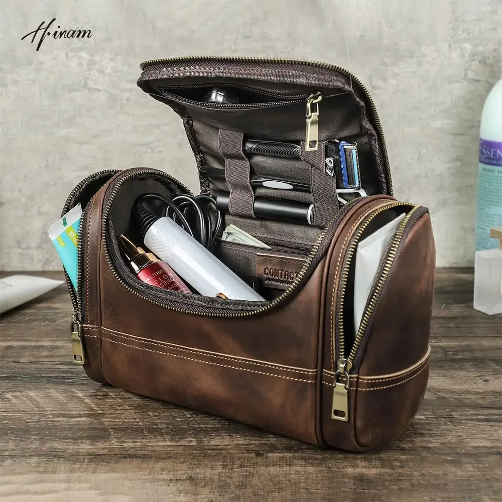 Hommes en cuir véritable voyage affaires toilette rasage sac femmes rétro cosmétique lavage douche organisateur sac à main grande capacité