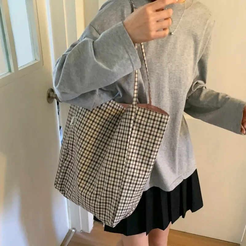 sac en toile à carreaux double face, multicolore, grande capacité, sac fourre-tout à bandoulière pour femmes, sac de shopping