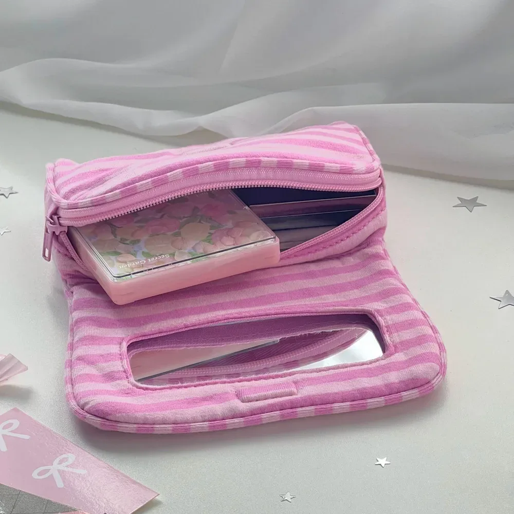 trousse de maquillage portable en toile à pois avec miroir, sac cosmétique rose rayé à fermeture éclair, pochette de voyage pour articles de toilette