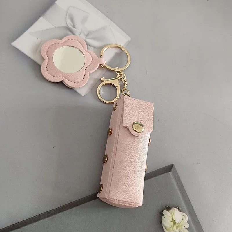 pochette à rouge à lèvres portable en cuir, porte-clés, breloque de sac, étui de protection créatif pour rouge à lèvres avec miroir, décoration de sac à dos, cadeau