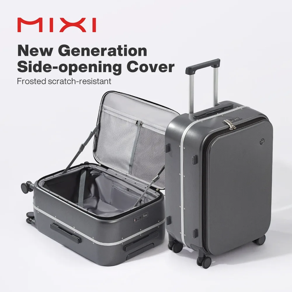 mixi nouveau pc cadre en aluminium valise ouverture avant bagage de voyage roulant 20 pouces bagage à main 24 26 pouces m9291