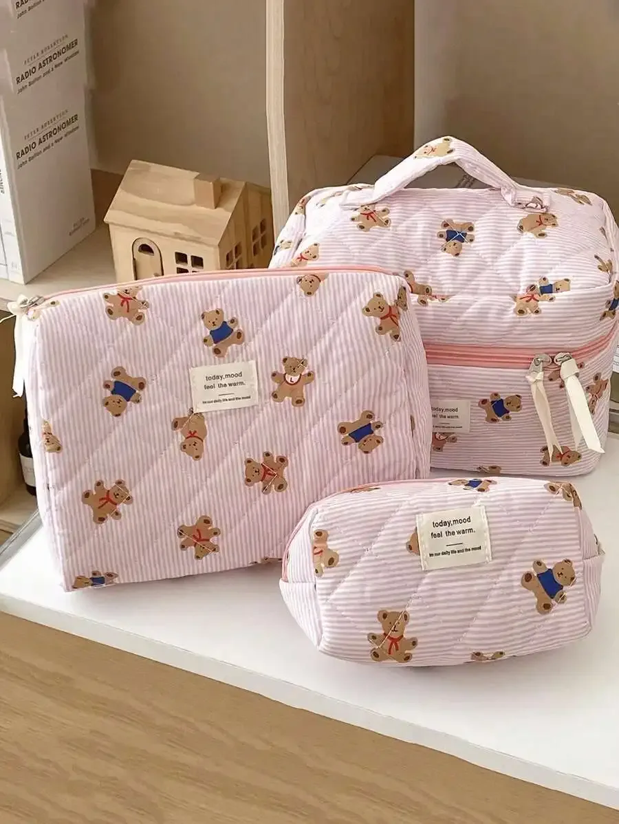 trousse de maquillage ours mignon, compartiments multicouches, organisateur de cosmétiques avec fermeture éclair, pochette de toilette de voyage portable pour femmes et filles