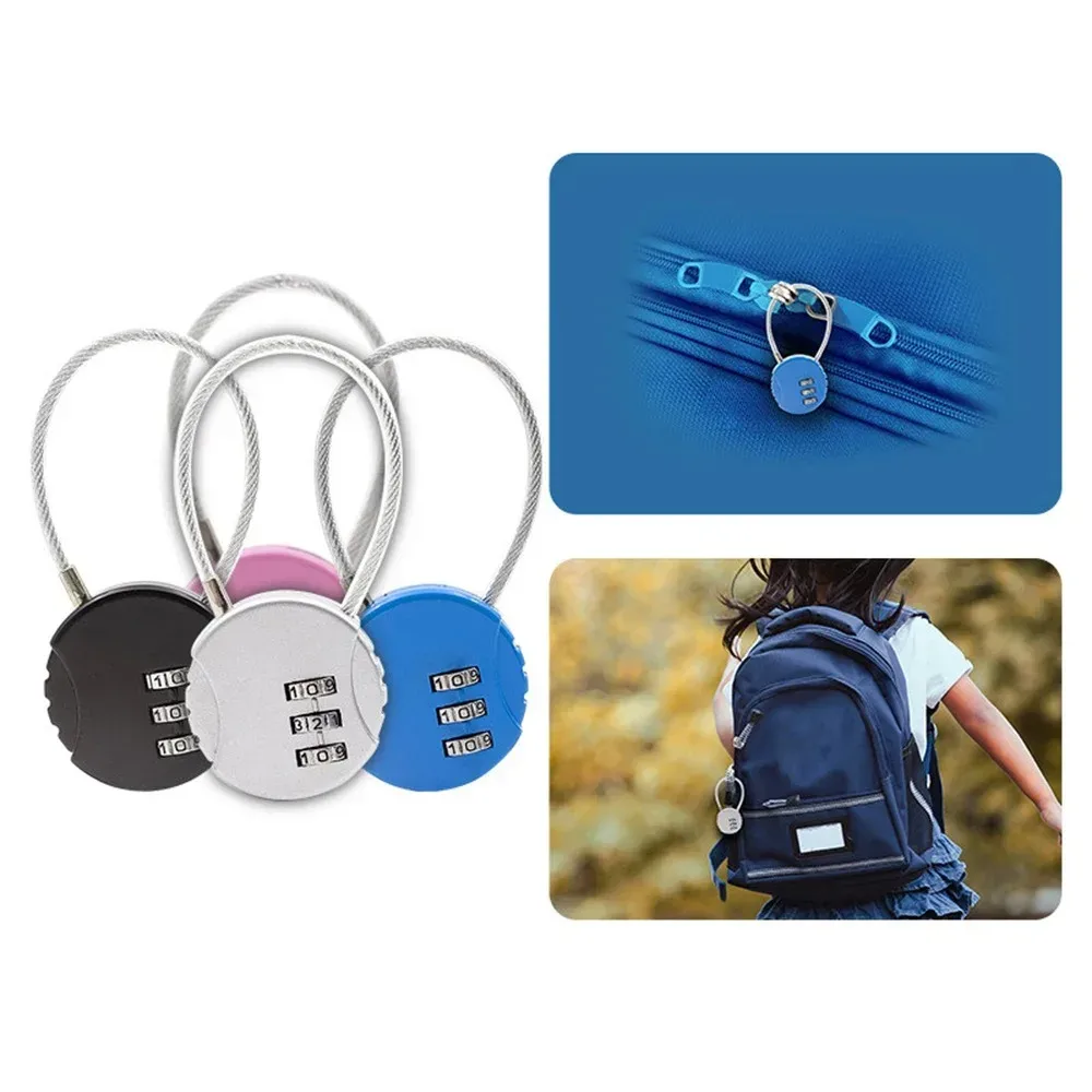serrure à combinaison ronde en câble métallique d'acier, pour bagages, sacs, sacs à dos, étuis à poignées, mini cadenas à combinaison à trois chiffres