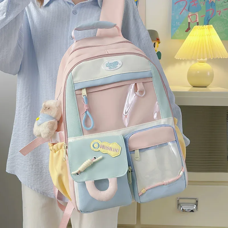 sac à dos scolaire grande capacité en nylon, imperméable et résistant à l'usure, pour filles du collège, léger et élégant