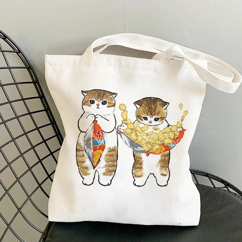 femme sacs à provisions kawaii dessin animé chats amusant sac fourre-tout shopper organisateur décontracté déjeuner sacs à main grande capacité toile sacs à bandoulière