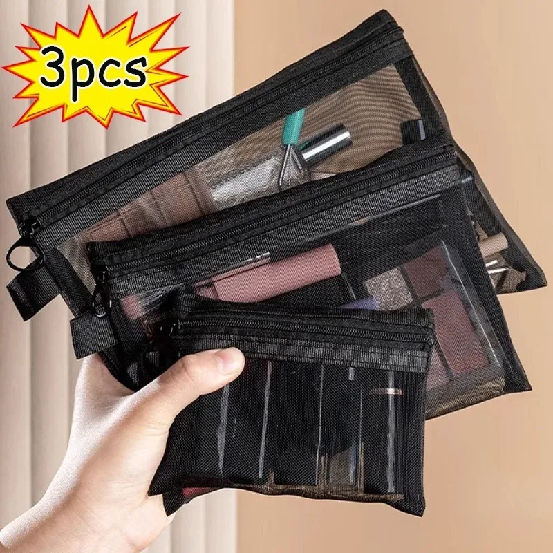 sacs à cosmétiques transparents en maille, trousse de maquillage noire, trousse de rangement portable, trousse de voyage en plein air, rouge à lèvres, poudres, cadeaux, taille s, m, l, 3 pièces