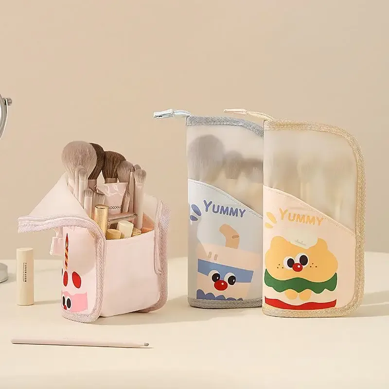 sac de rangement pour pinceaux de maquillage, motif dessin animé mignon, avec design transparent, grande capacité, parfait pour le maquillage quotidien et les voyages