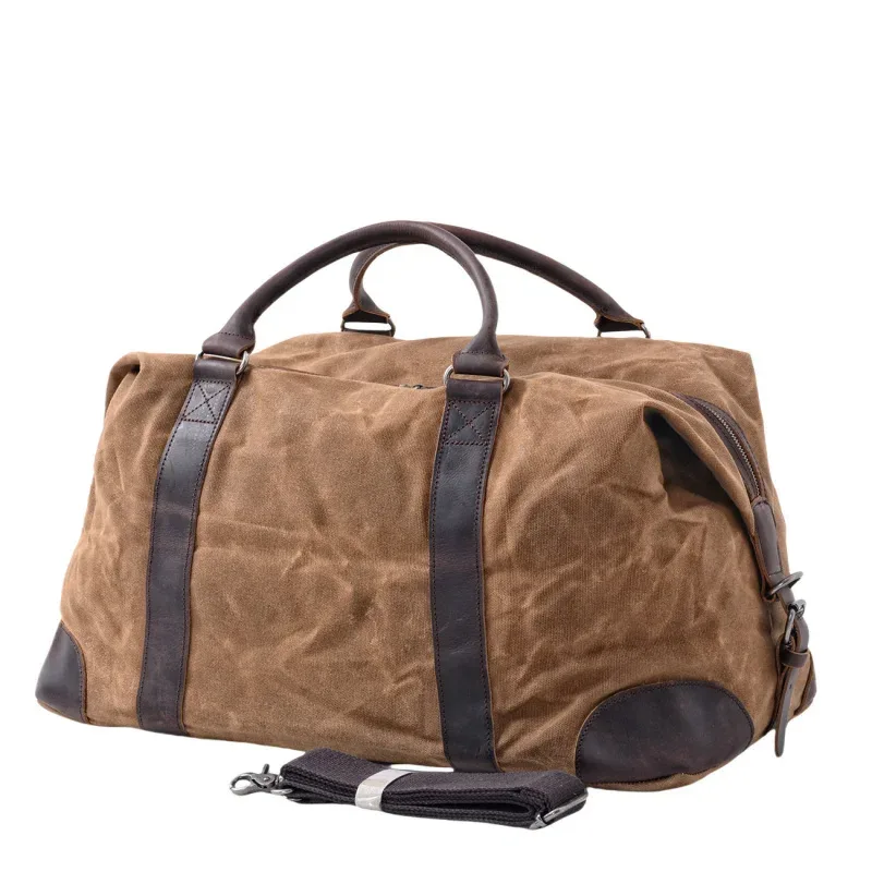 sac de voyage rétro européen et américain en toile cirée imperméable et cuir de vachette, sac de week-end grande capacité pour homme