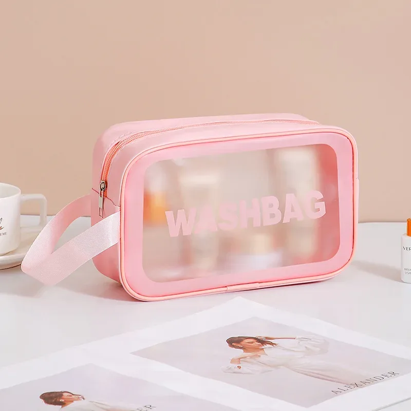 sac de maquillage et de toilette transparent en pu, grande capacité, sac de rangement portable semi-transparent givré en pvc