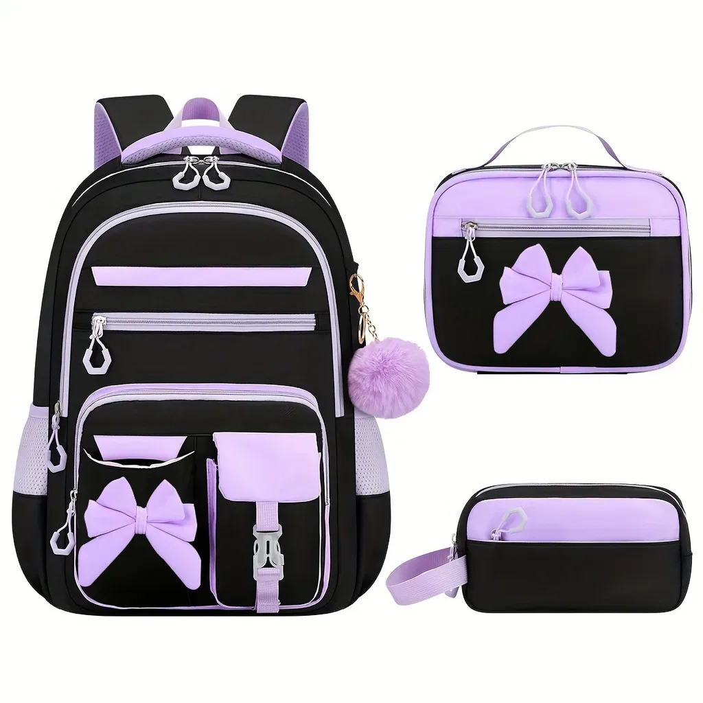 sac à dos scolaire pour filles, multi-poches, avec nœud, ensemble de sacs d'école, sac à dos pour l'école primaire, sac à dos ergonomique pour les voyages en plein air