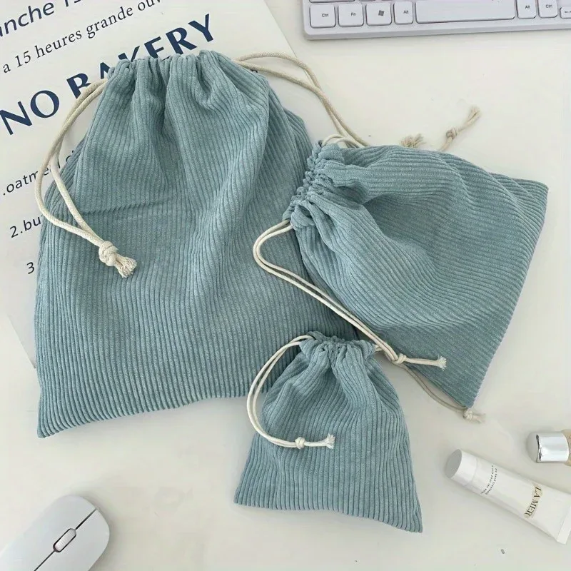 ensemble de sacs de rangement à cordon de serrage en velours côtelé – pochettes de maquillage portables légères de couleur unie avec grand, moyen