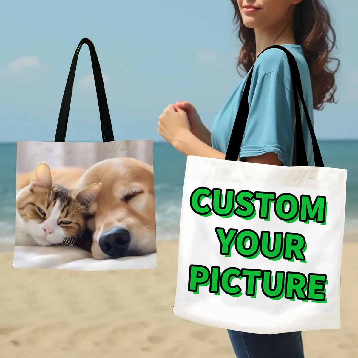 sac fourre-tout photo personnalisé, sac à bandoulière d'épicerie réutilisable personnalisé avec pochette de ra