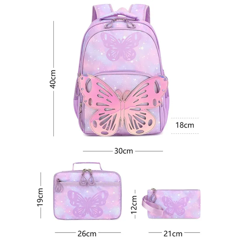 ensemble de sac à dos 3 pièces à motif papillon pour fille, sac d'école pour étudiant avec pochette fourre-tout, sacs à livres imperméables, ensemble de cartable de rêve kawaii