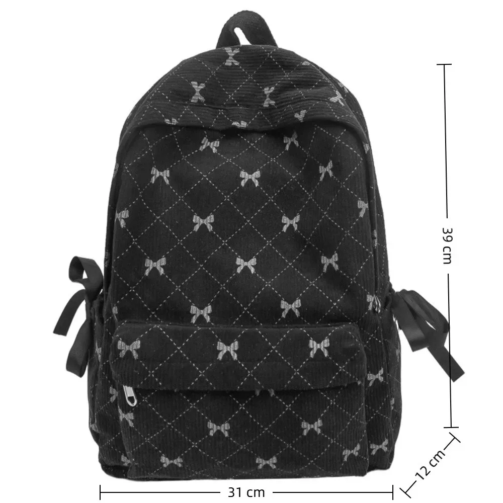 sac à dos en velours côtelé style coréen tendance, grande capacité, imprimé nœud, avec bretelles réglables, pour collégiens