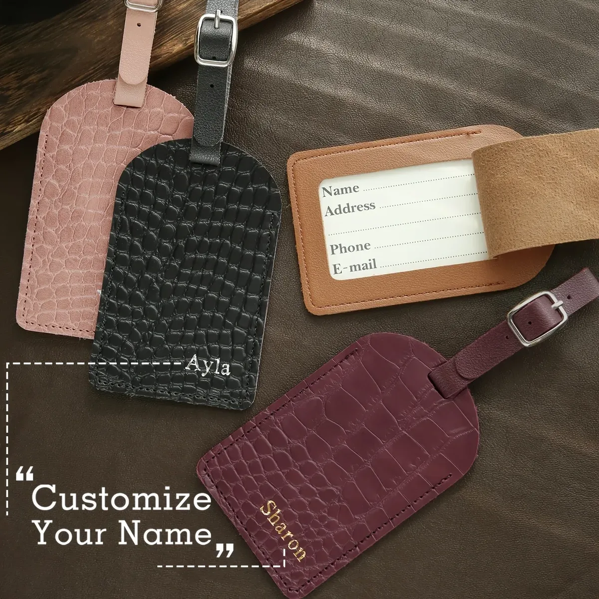 étiquette de bagage personnalisée avec nom en estampe à chaud pour valises, monogramme doré, étiquettes de bagage en simili cuir de crocodile avec carte de nom confidentielle