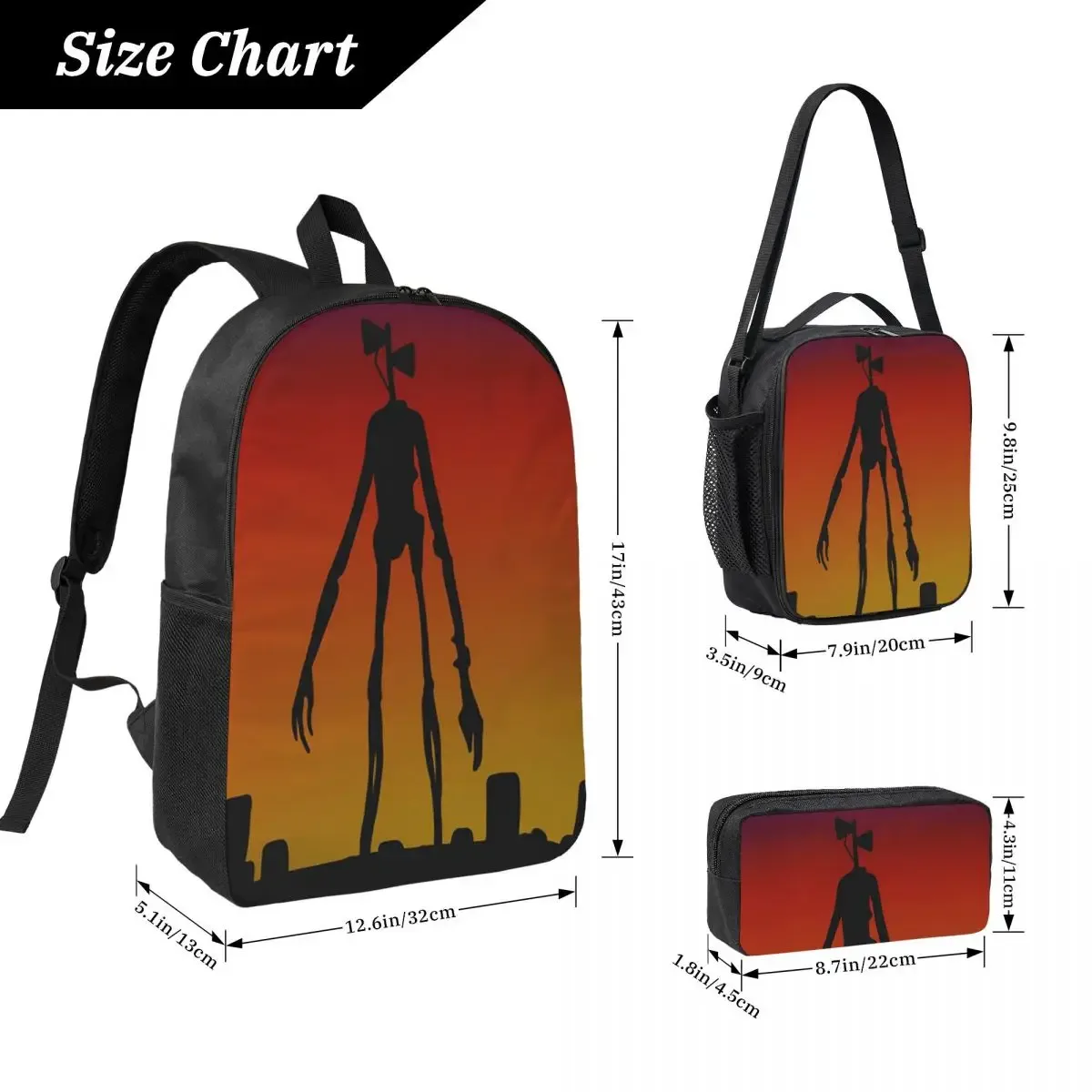 sac à dos cartoon horror creepypasta siren head, sac d'école, sac à bandoulière pour ordinateur portable, sacs à bandoulière, 3 pièces, sac à déjeuner isotherme, trousse à crayons