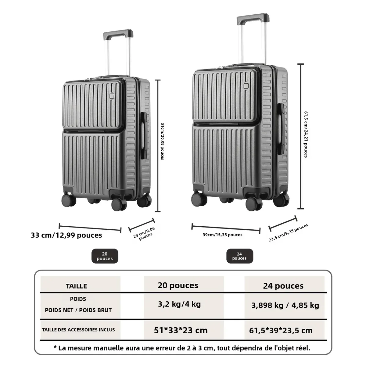 porte-bagages à main à ouverture frontale, support de téléphone caché, compartiment humide/sec, 20 pouces abs + pc, valise multifonctionnelle, porte-gobelet, crochet latéral