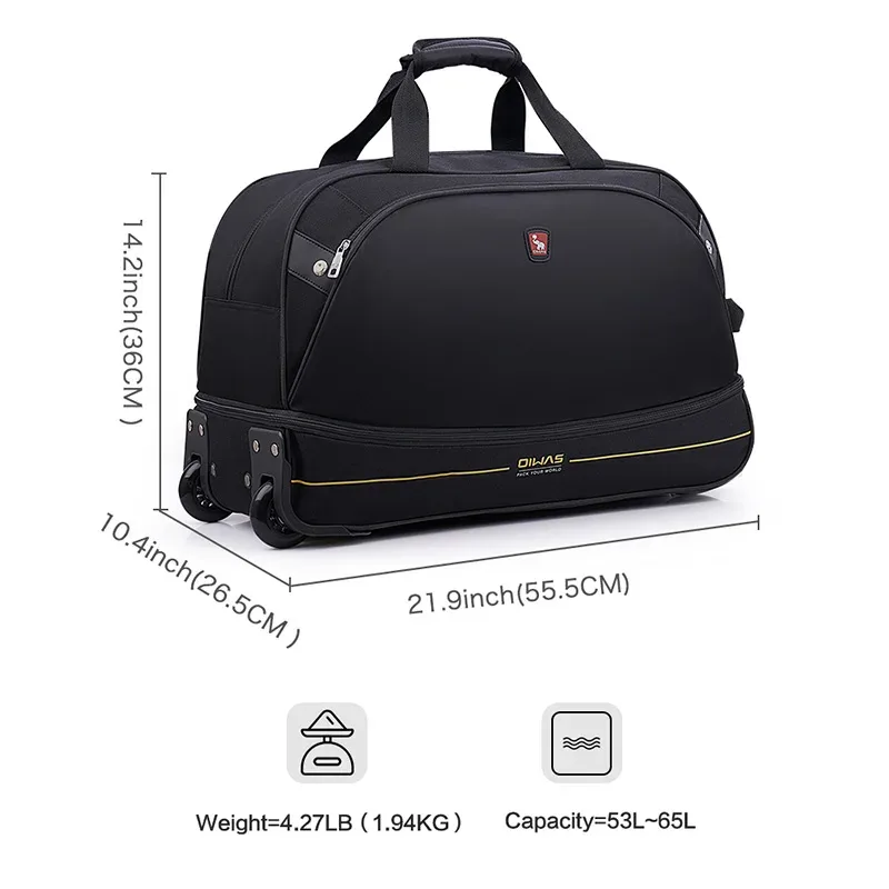 oiwas sac de voyage à roulettes pour homme 56l, sac de voyage pliable hydrofuge avec roulettes, bagage à main, sacs de transport avec roulettes, pack d'extension