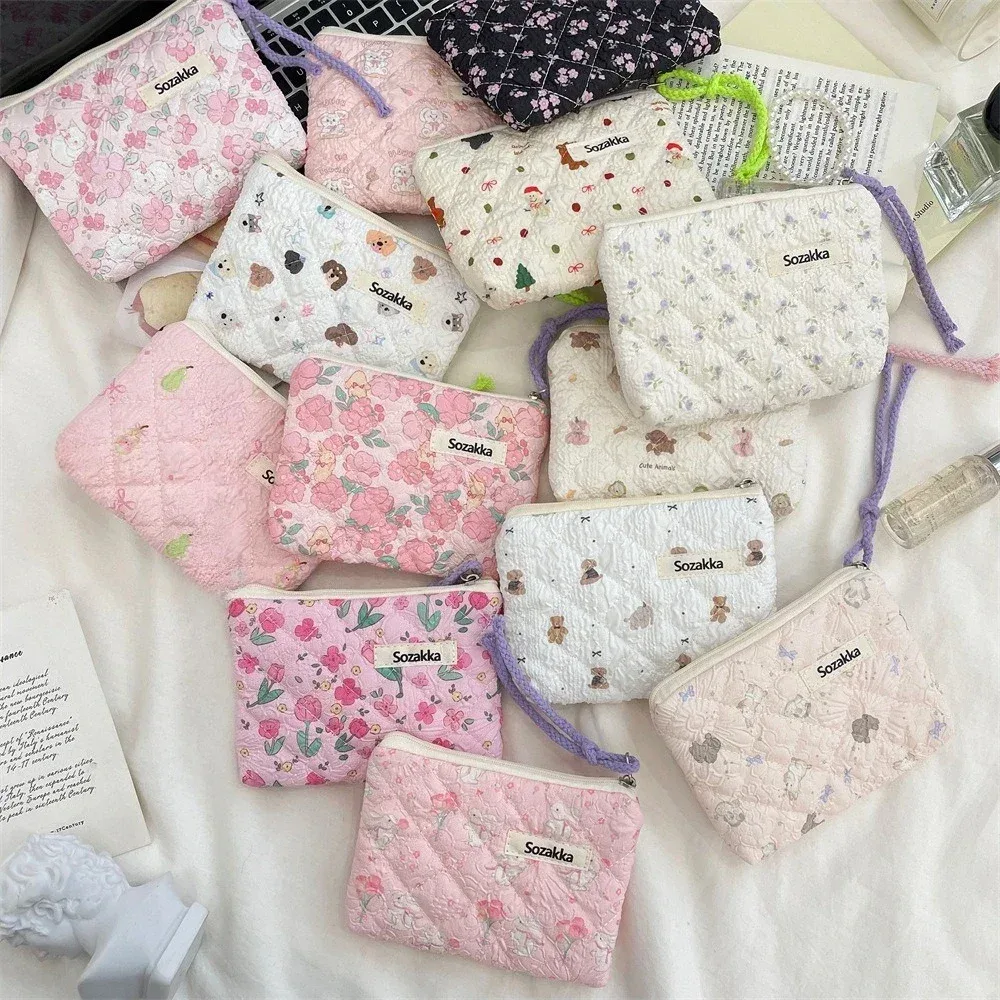 sac de maquillage imprimé en toile pour femmes, mignon, portable, style coréen, petits sacs à cosmétiques, étui de rangement de voyage, trousse de toilette
