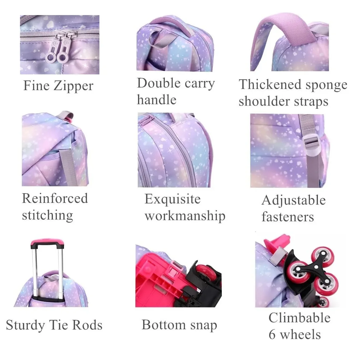 ensemble de sac à dos scolaire à roulettes pour enfants, sacs pour étudiants, sac à roulettes pour filles, cartable mignon, sac à dos à roulettes pour enfant