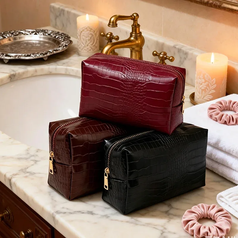 Grande pochette de rangement pour cosmétiques imperméable à fermeture éclair, nouvelle mode, en cuir PU crocodile, sac à cosmétiques pour femmes