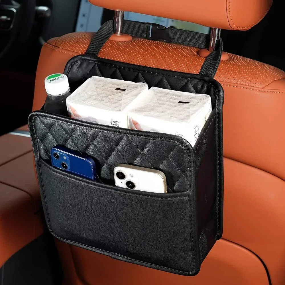 Sac de rangement universel pour siège de voiture, en cuir imperméable, organisateur suspendu multifonctionnel, pliable, poubelle intégrée, grande capacité