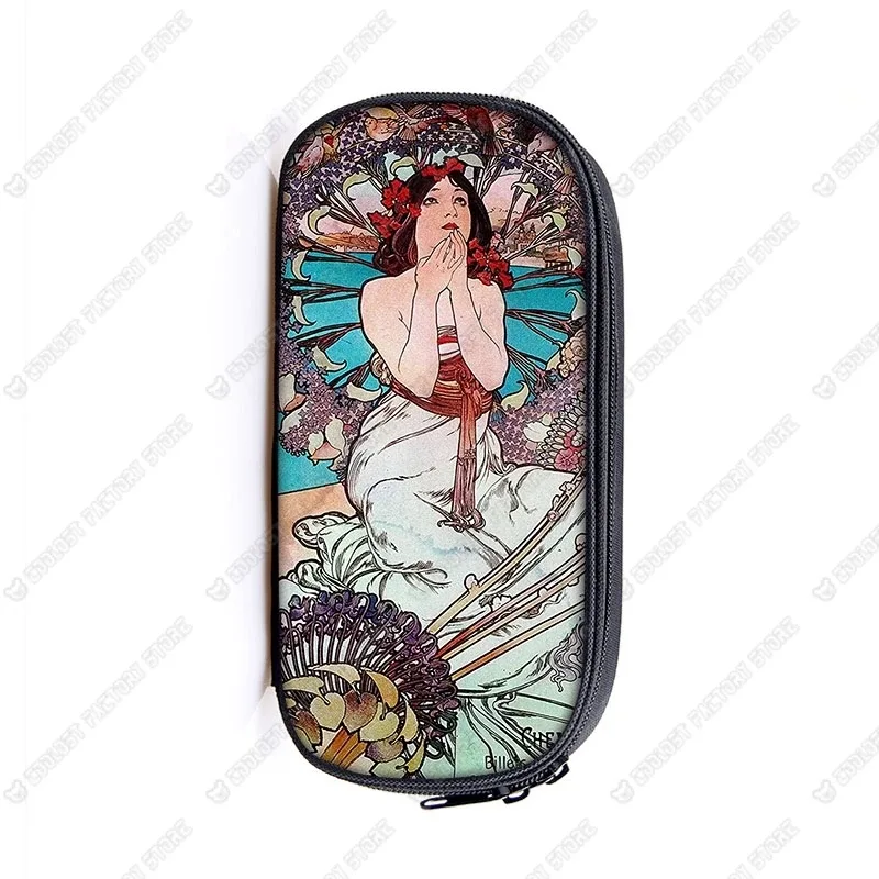 trousse de maquillage imprimée par alphonse mucha, trousse de maquillage pour femme, trousse de maquillage pour adolescent, étuis à crayons, étuis à cosmétiques
