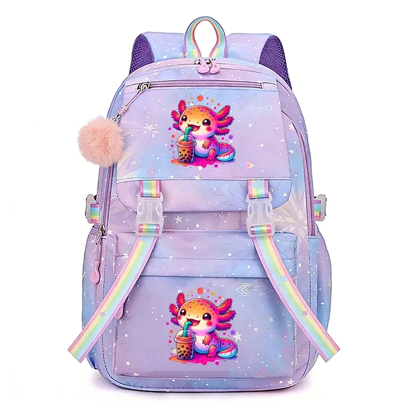 sac à dos imprimé rainbow axolotl boba, grand sac à dos léger, sac d'école mignon de dessin animé pour filles, sac à dos décontracté pour voyage et trajets quotidiens
