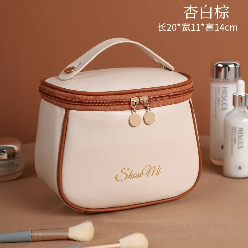 sac de maquillage de voyage de grande capacité, sac organisateur de cosmétiques portable en cuir pu, sac de toilette imperméable avec poignée, sac de rangement pour produits de soin de la peau