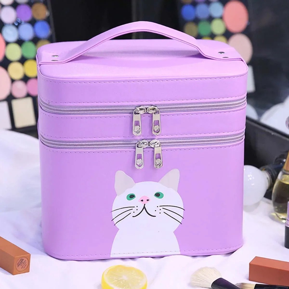 Trousse de maquillage en PU pour chaton, sac de voyage portable, double boîte de rangement mignonne, couleur bonbon, vente en gros, nouveau