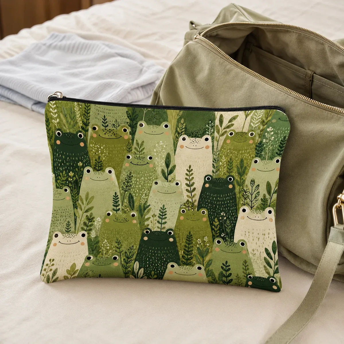 trousse de maquillage mignonne grenouille forêt, pochette de maquillage en toile imprimé famille de grenouilles botaniques vertes, sac de rangement portable pour articles de toilette de voyage