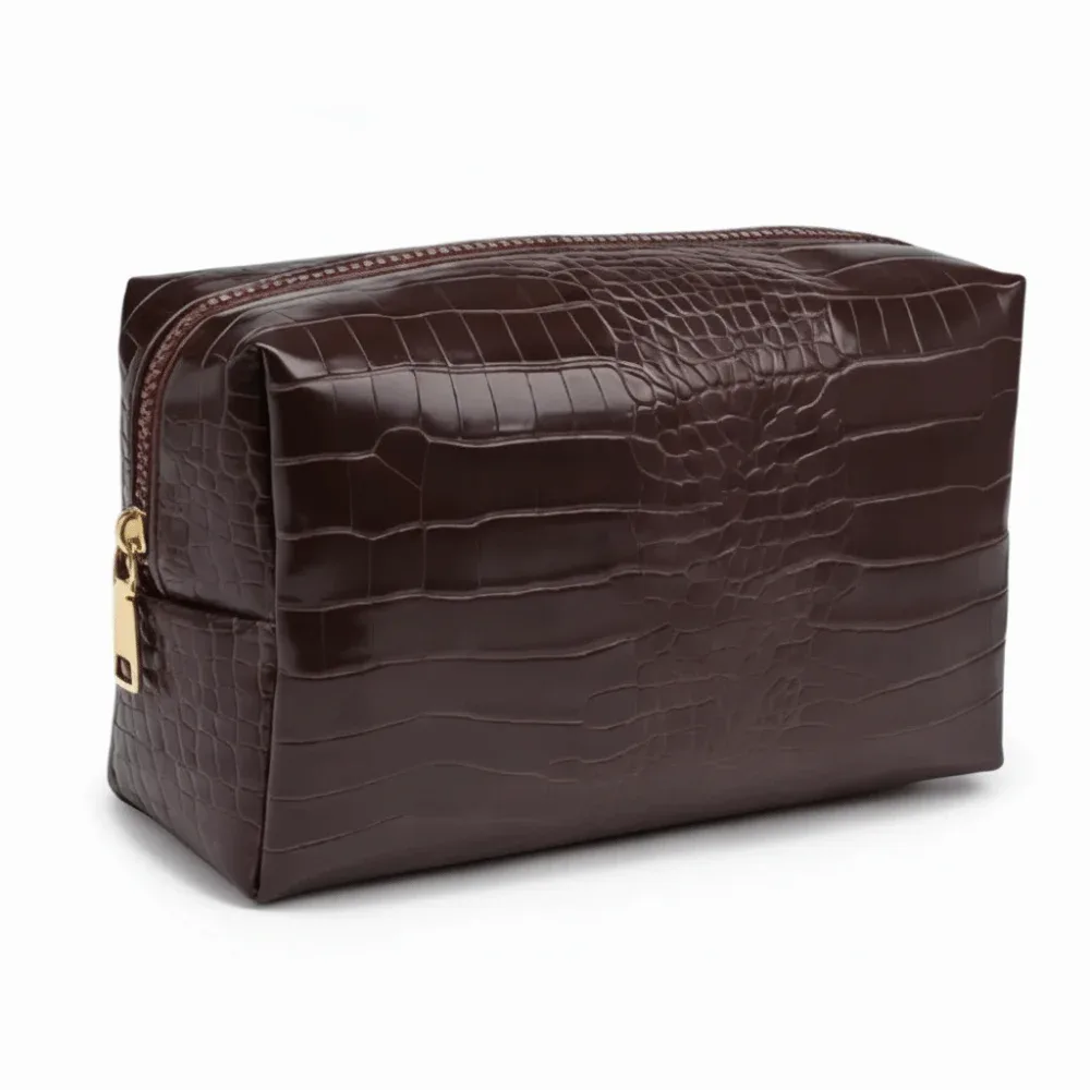 sac à maquillage en cuir pu imperméable, grande capacité, motif crocodile gaufré, fermeture à glissière, pochette cosmétique, utilisation en voyage