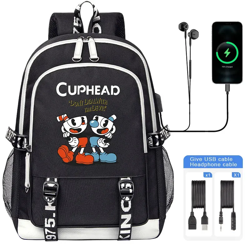 cuphead mugman sacs d'école pour adolescent usb charge sac à dos pour ordinateur portable garçons filles étudiant livre sac mochila sac de voyage