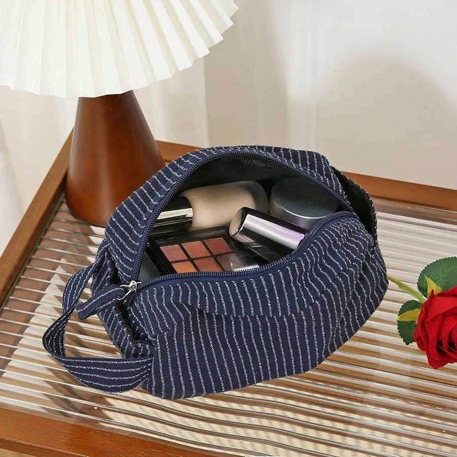 sac à cosmétiques en toile rayée, grande capacité, pochette de rangement pour articles de toilette de voyage en plein air, sac de rangement de voyage portable, 1 pièce