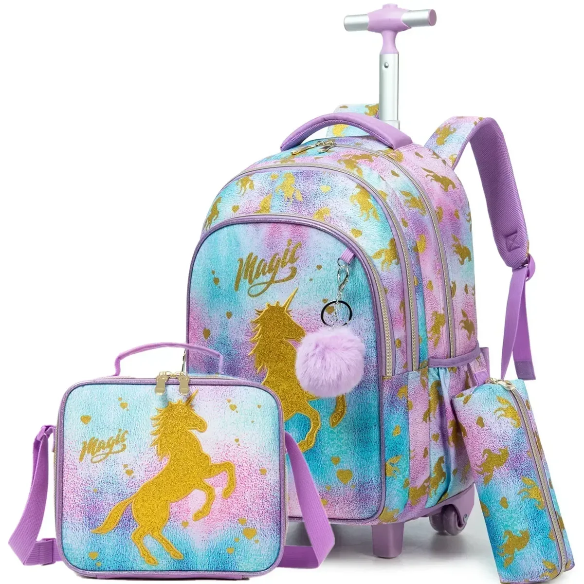 ensemble de sac à dos à roulettes pour enfants avec boîte à lunch, sac à dos scolaire à roulettes, sac à dos trolley pour filles