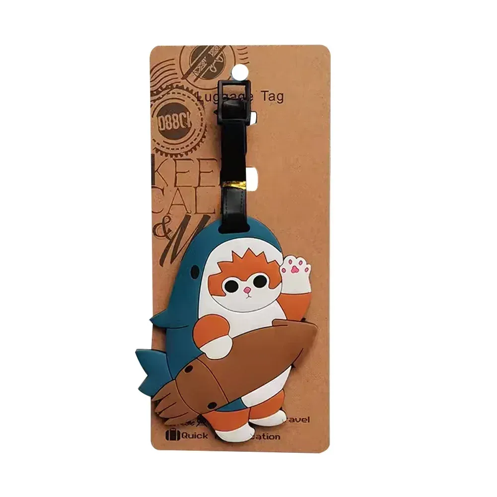 étiquette de bagage design chat requin kawaii, accessoires de voyage pour femmes, étiquette de bagage en pvc de dessin animé pour hommes, portable, anti-perte, adresse, nom